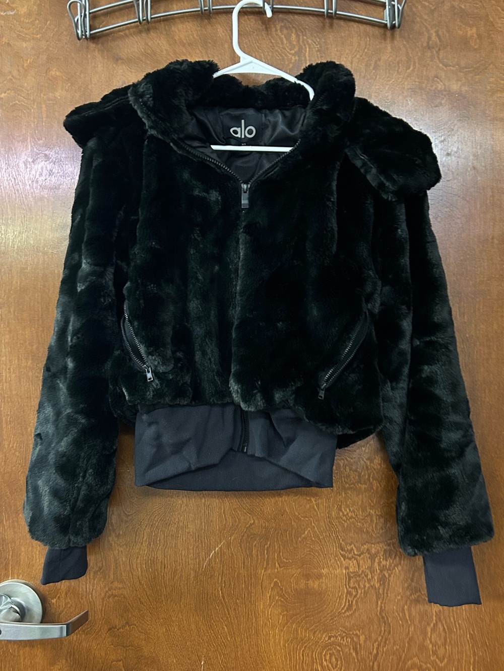 ALO Yoga Black Faux Fur Hooded Cropped Jacket